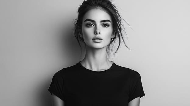 Striking monochrome portrait of a young woman with elegant features, captured in a classic studio setting with soft, diffused lighting. photo