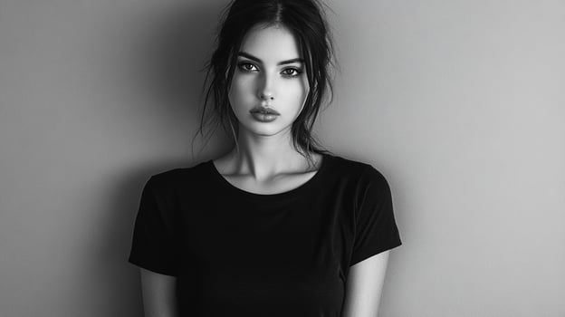 Monochrome portrait of a young woman with an intense gaze, dark hair, and a simple black shirt against a neutral background. Serene moment. photo