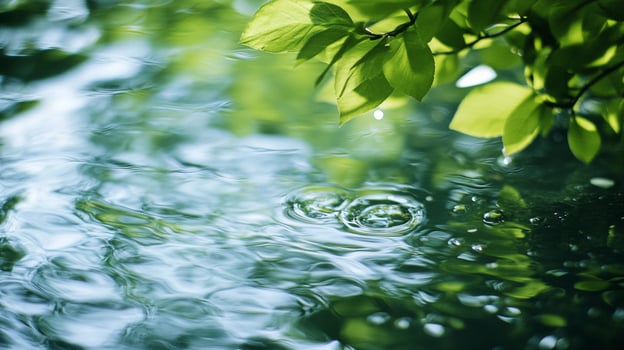 Raindrops on the water create ripples. Tree leaves reflecting on the water. Abstract nature scene of tranquility and beauty. photo