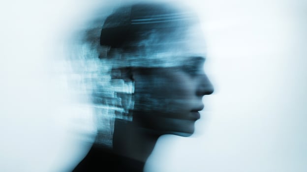 Surreal portrait of a woman with an abstract, blurred effect, evoking mystery and inner reflection with soft blue tones. photo
