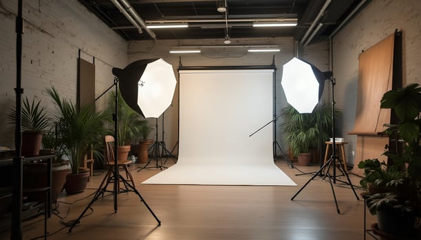 A photo studio with lights and plants