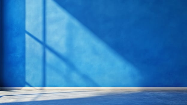 Interior wall basking in sunlight, blue background with captivating window shadow designs creating a striking contrast on the surface. photo