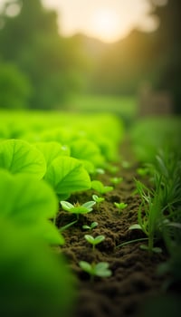 Young Green Plant Seedlings Growing in Fertile Soil at Sunrise photo