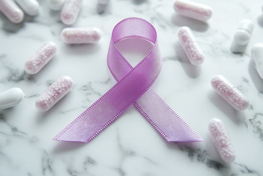 A purple ribbon surrounded by pills and pills photo