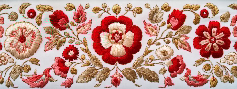 A close up of a red and white embroidered fabric photo