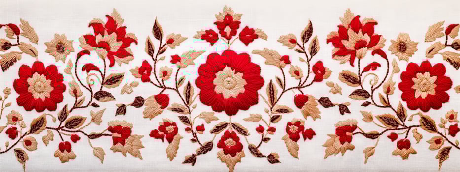 A close up of a red and white floral pattern photo