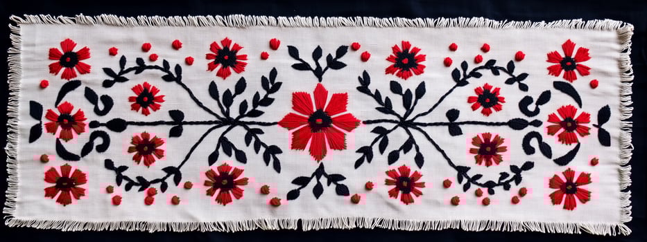 A red and black floral rug with fringe photo