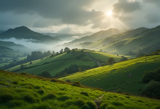 magnificent mountain landscape with green hills , valleys, fog. Clouds float beautifully across the sky, creating a feeling of tranquility and unity with nature. photo