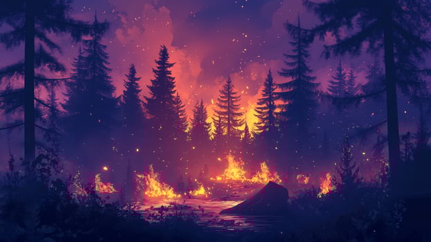 Forest ablaze under a fiery sky, flames dance among silhouettes of trees, nature's beauty confronts devastation. Dark and dangerous landscape. photo
