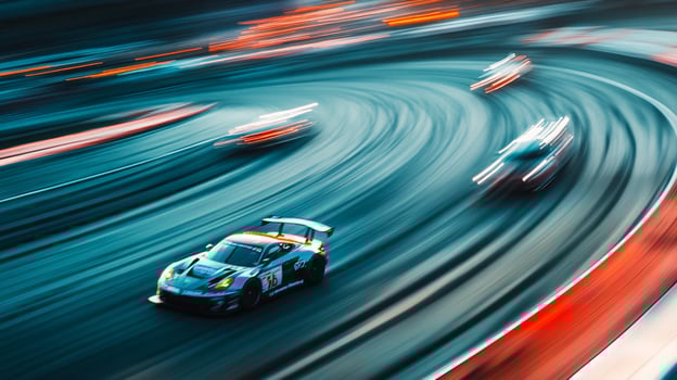 Race cars speed around a track, captured with motion blur, creating a dynamic sense of speed and excitement with bright colors. photo