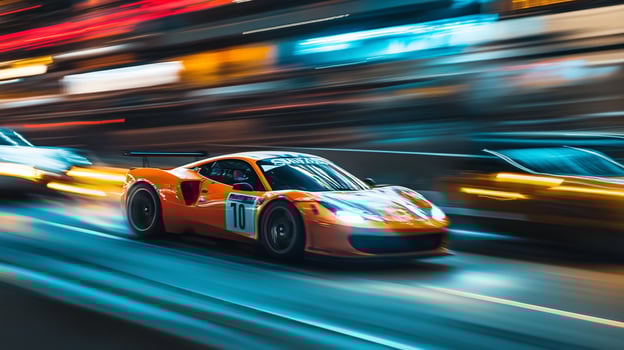 A vibrant race car speeds through the city, a blur of motion and color against the luminous urban backdrop. A thrilling race against time. photo