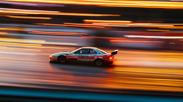 Motion blurred image of a silver car speeding at dusk, with long trails of orange, white and red lights behind the vehicle. photo