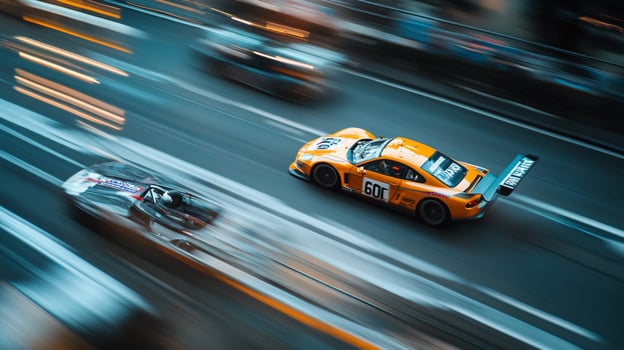 High-speed race cars blur past, captured with dynamic motion blur. The orange car takes center stage in this thrilling moment. photo