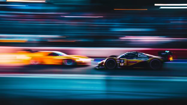 Race cars speeding in a blur, emphasizing the velocity and competition in high-stakes auto racing, motion, and color photo