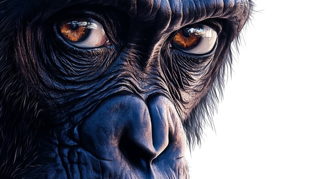 Intense primate gaze, wrinkled skin, and focused amber eyes evoke wisdom. Close up headshot against white emphasizes the face's details. photo