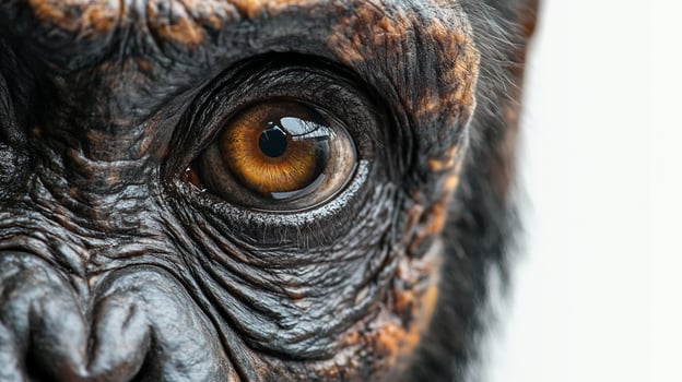 Intense chimpanzee eye captivating viewers with its detail. A close-up of an animal eye shows its detail and complex texture. photo