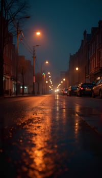 A wet street at night with cars and street lights photo