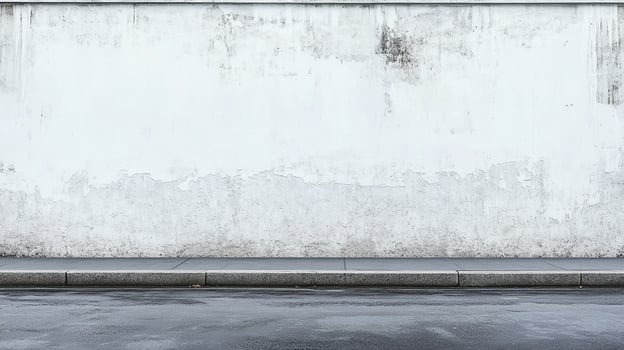 A weathered white wall stands above a wet street and gray curb, creating a stark contrast of textures and tones in an urban setting. photo