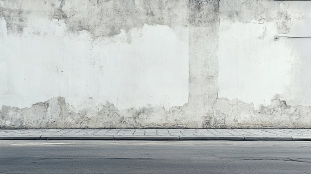 Weathered urban wall background with peeling paint and visible wear, beside a road and sidewalk, offering a textured, aged aesthetic. photo