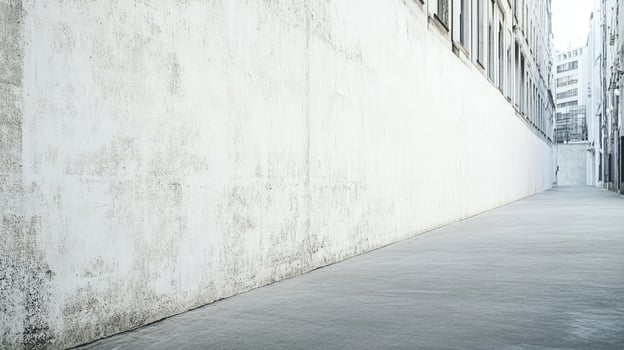 Urban alleyway featuring a textured concrete wall beside a sleek, shadowed sidewalk. Architecture emphasizes a sense of depth and isolation. photo