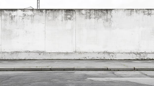 Monochrome concrete wall and pavement creates a stark, urban backdrop. A simple, yet striking composition highlights texture. photo