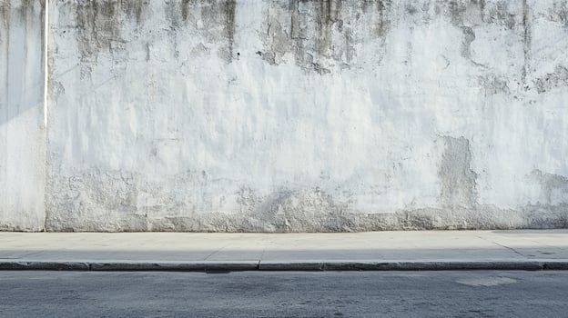 An exterior wall with a weathered appearance, showing a combination of textures and shades. Concrete sidewalk and street in the foreground. photo