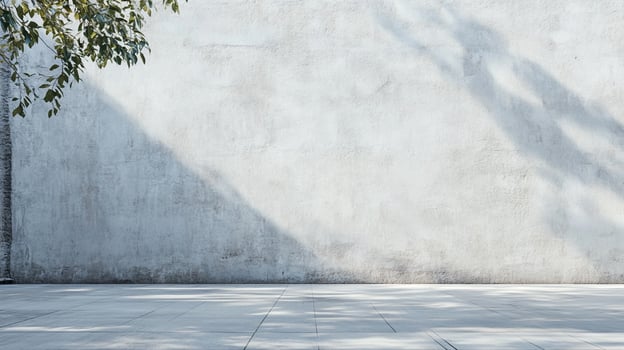 Minimalist urban scene with an old concrete wall, tree shadows dancing on its surface and a tiled floor in neutral tones. Serene backdrop. photo