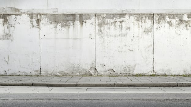 A weathered concrete wall stands adjacent to a pavement and street, offering a textured backdrop with gray hues. Minimalist design prevails. photo