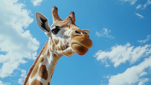 A giraffe gazes upward, showcasing its striking pattern against a serene blue sky dotted with fluffy white clouds on a sunny day. photo