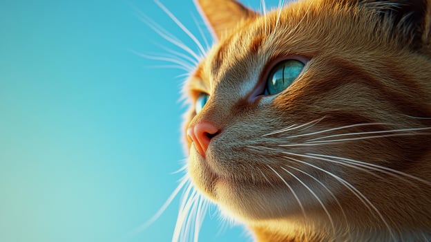 A majestic ginger cat gazes upward with captivating blue-green eyes against a clear blue sky, showcasing its beauty in stunning detail. photo