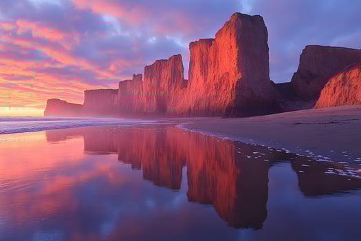 Dramatic Coastal Sunset Reflection on Majestic Red Cliffs Along Ocean Shoreline photo