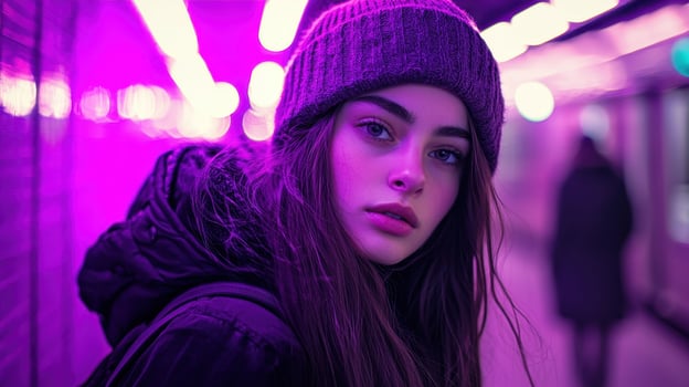 Urban portrait of a young woman in a neon subway station evoking mystery and style nighttime candid shot photo