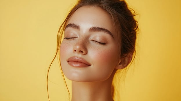Woman with freckles and eyes closed basking in sunlight on a yellow background, embodying beauty, peace and simplicity. Minimalist aesthetic. photo