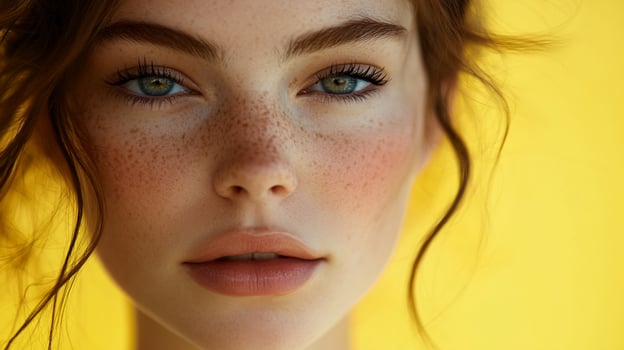 Close-up of a striking woman with freckled skin, mesmerizing eyes, and curly hair, set against a vibrant yellow backdrop, radiating confidence. photo