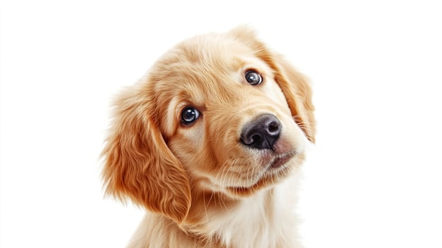 A curious and adorable puppy with soft, golden fur tilts its head inquisitively, showcasing its endearing charm against a pristine white backdrop. photo