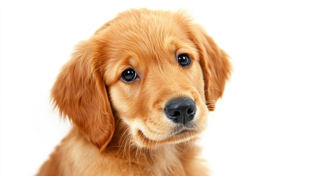 Adorable golden puppy portrait. The puppy is looking into the camera with big, dark eyes on a white background. The puppy is tilting its head. photo