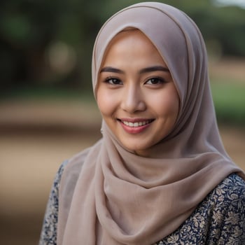 Portrait of a serene and graceful young Muslim woman in hijab, radiating warmth and beauty photo