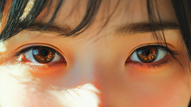 Close-up portrait of a young woman with brown eyes and dark hair, captured in natural light, focusing on her gaze and expressive face. photo