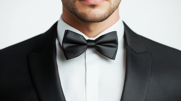 Elegant man in black suit and bowtie. Sharp dressed man. Sophistication and style personified. Formal attire and groomed appearance. Black tie event. photo