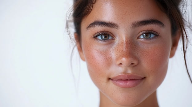 Close up of a girl with fair skin, freckles and hazel eyes looking straight ahead, with an expression of calm and natural beauty. photo