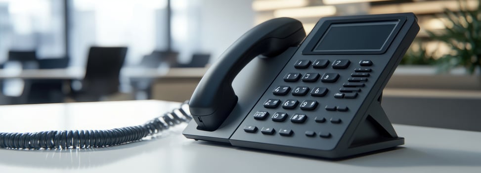 Black Office Phone with Coiled Cord on White Desk,. photo