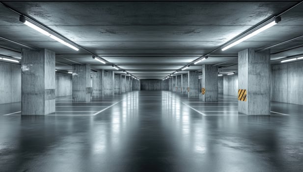 Empty parking garage with concrete floors and lights photo