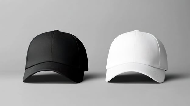 Two Blank Baseball Caps, Black and White, on Gray Background photo