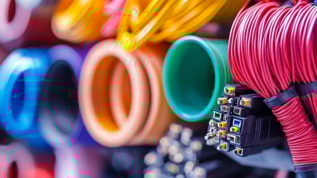 A vibrant collection of colorful electrical wires and tubing, showcasing a range of textures and patterns. Wiring and connection cables. photo