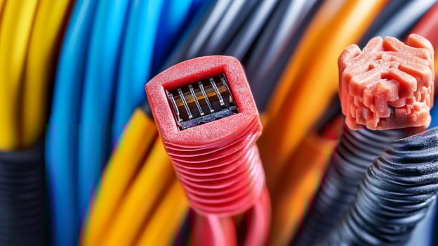 Striking close-up of colorful electrical wires and connectors, showcasing wiring infrastructure and connectivity solutions. photo