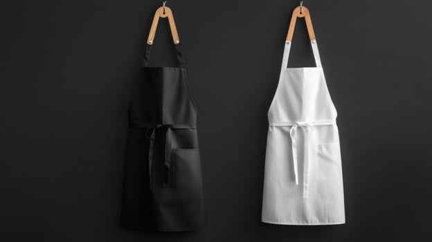 Black and White Aprons Hanging on Hooks Against a Black Wall photo