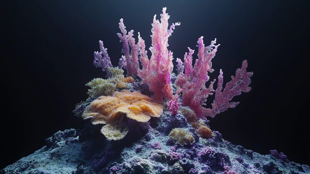 A vibrant coral reef ecosystem with branching coral formations, sponges, and rich textures. Light streams in from above, creating a captivating underwater scene. photo