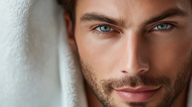 Close-up portrait of a strikingly handsome man with captivating blue eyes and a fresh towel, showcasing his natural, alluring charm and appeal. photo