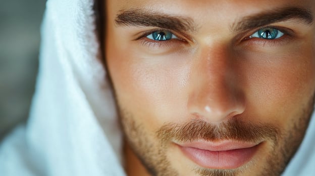 Close-up of a striking man with piercing blue eyes, framed by a white towel, showcasing a fresh, clean aesthetic. photo