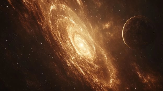A celestial tapestry unfolds, a golden galaxy swirling in the cosmos, with a solitary planet gracing the inky expanse nearby. photo
